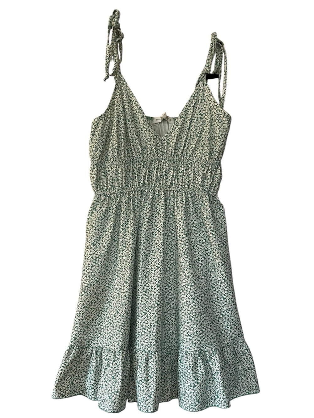 ALTAR’D STATE Green Ditsy Floral Tie-Shoulder mini dress Size XS Smocked bodice